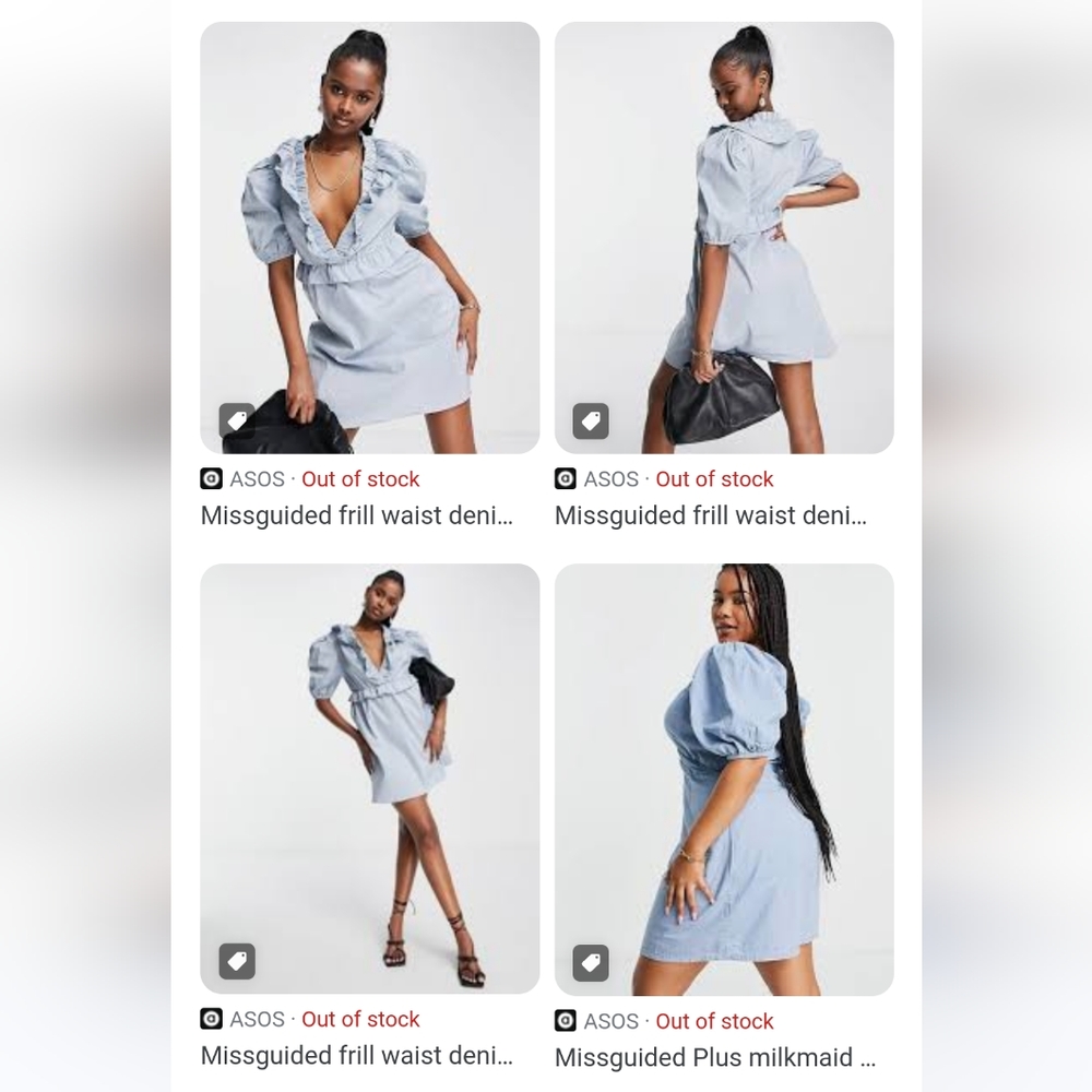 Missguided Poplin Frill Waist Skater Dress SS Linen Look Blue V-neck Puff Sleeve - Picture 5 of 10